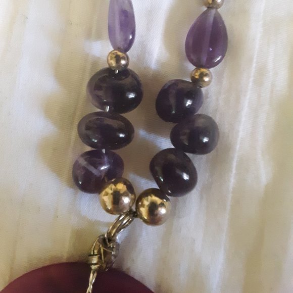 Amethyst Chips? Purple Silvertone Beads Agate Pendent? Necklace-read description - Picture 2 of 10